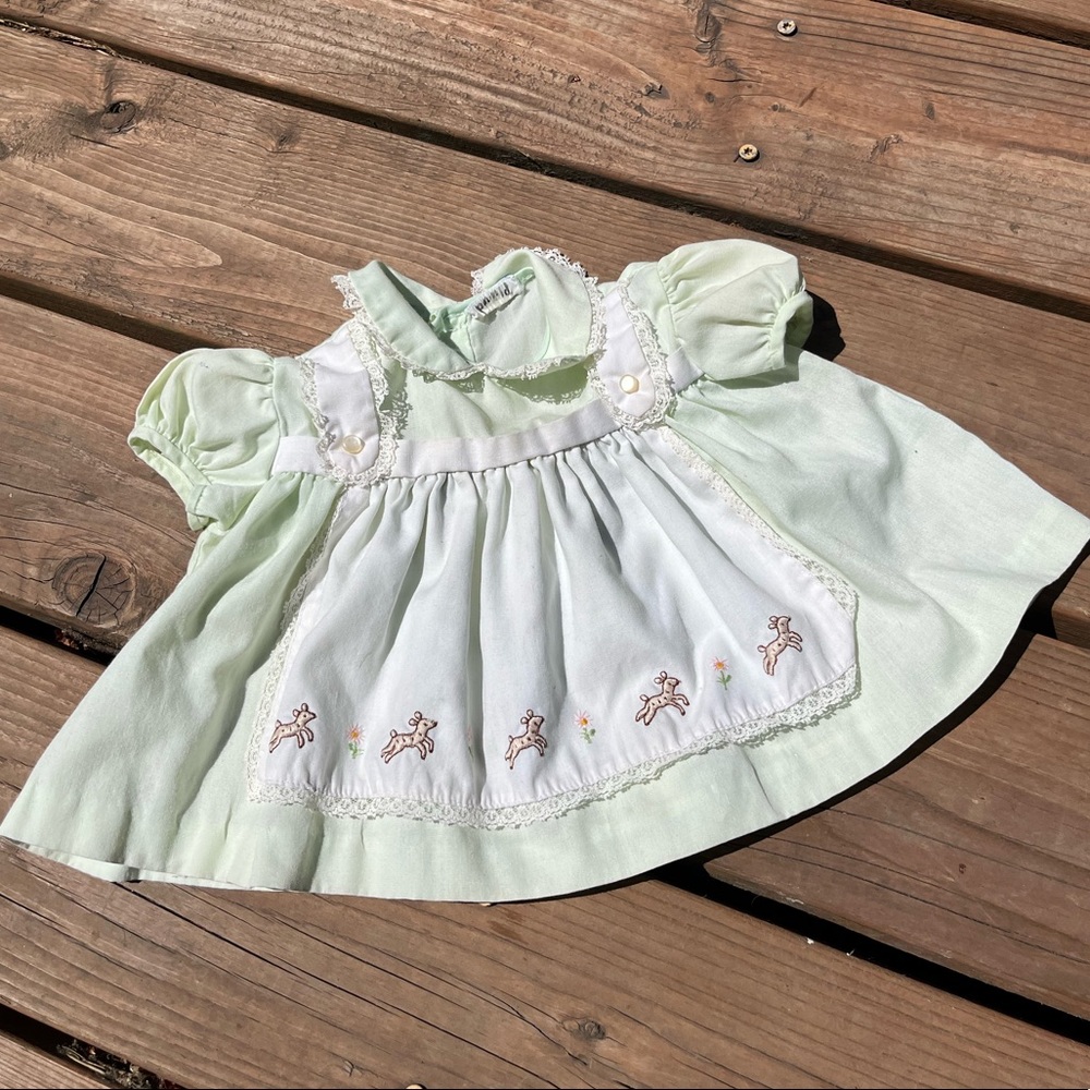 0-3 mo Vintage 80s Light Green Baby Dress with Lace